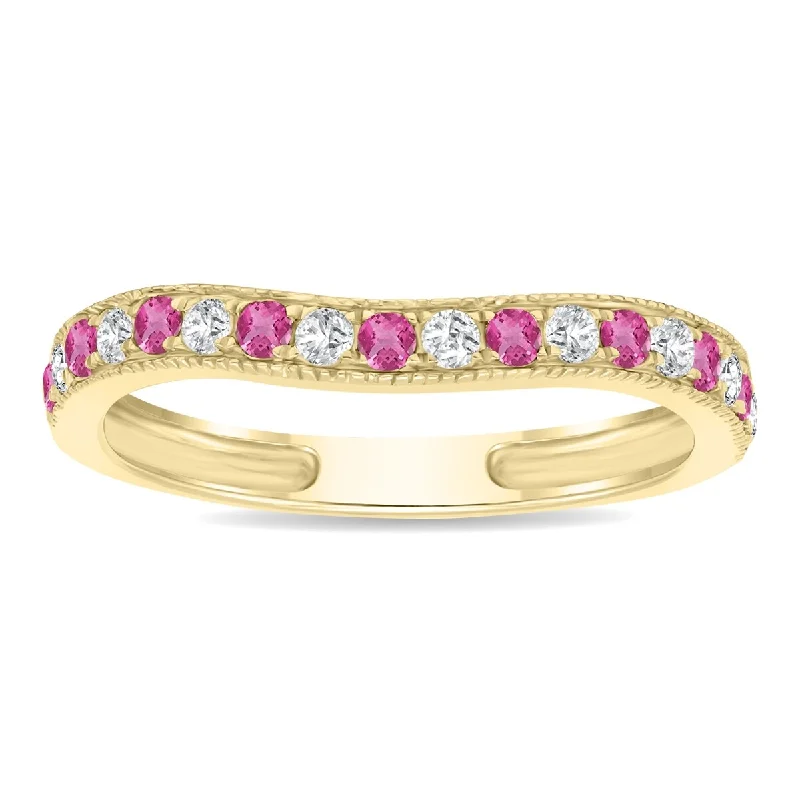 Women’s rose cut engagement rings-Pink Topaz and Diamond Channel Set Wedding Band in 10K Yellow Gold