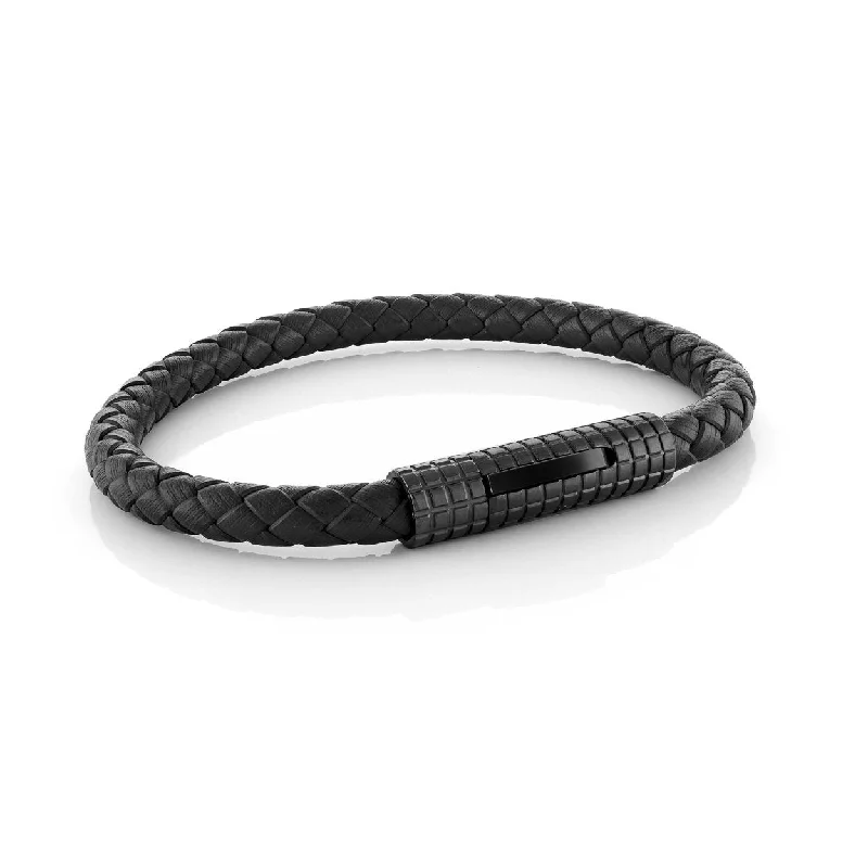 Women’s boho bracelets-ITALGEM STEEL –BLACK LEATHER BRACELET