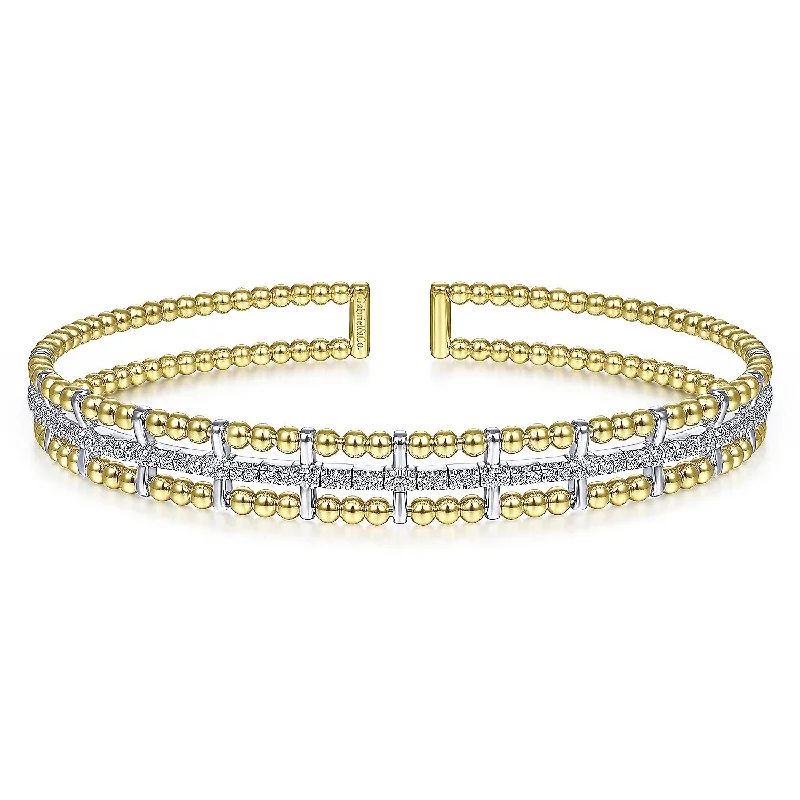 Women’s stackable bangles-GABRIEL & CO - Yellow and White Gold Bujukan Cuff Bracelet with Inner Diamond Channel