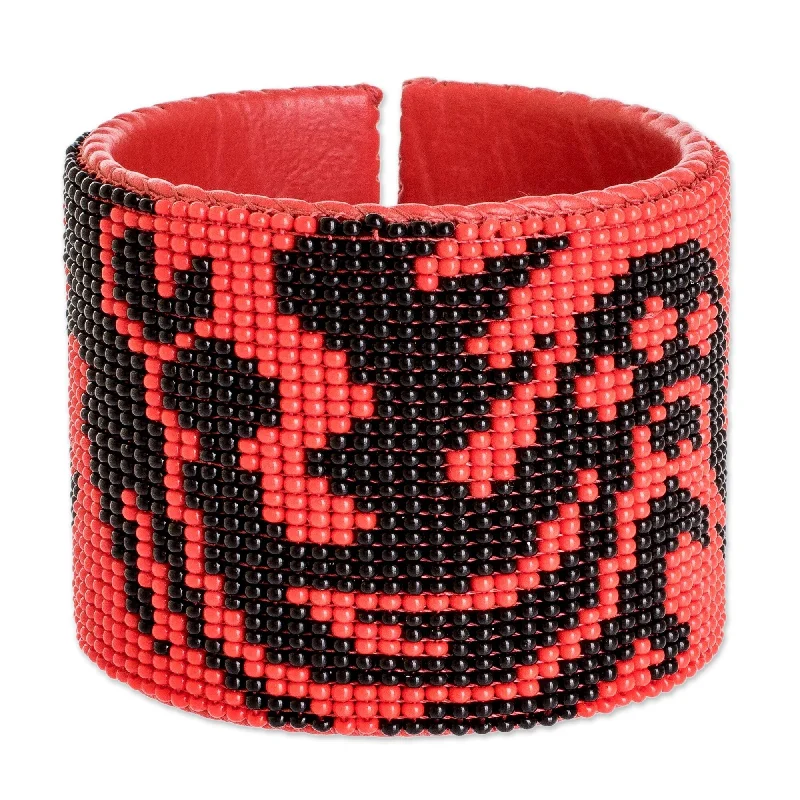 Women’s fashion bangles-Novica Handmade Dragon Encounter Beaded Leather Cuff Bracelet