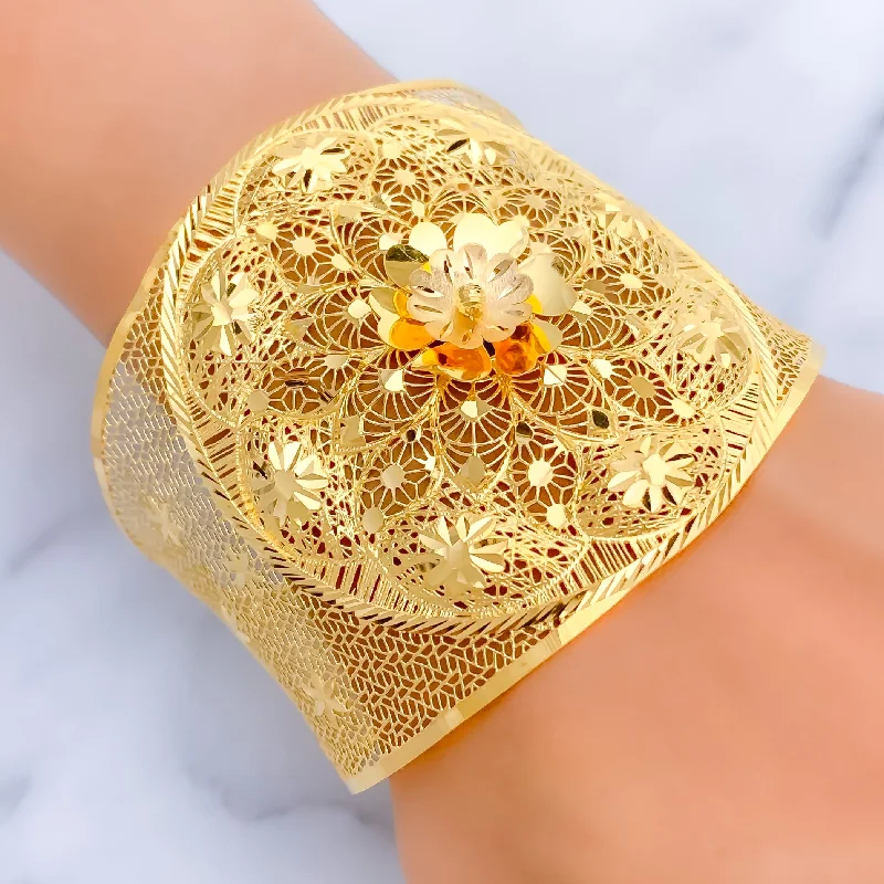 Women’s gemstone cuff bracelets-Royal Lustrous Floral 21K Gold Bangle Bracelet