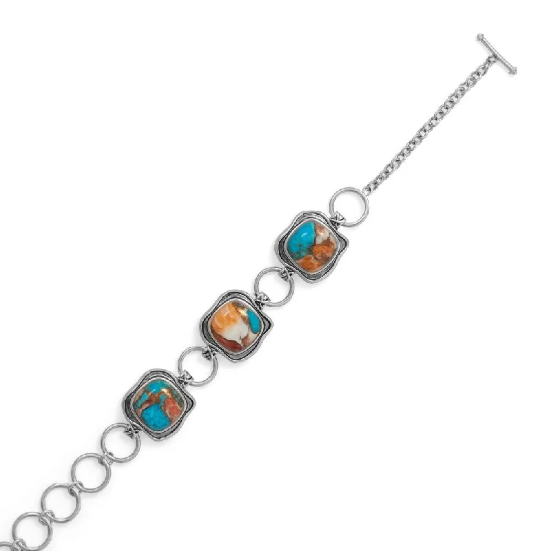 Women’s minimalist bracelets-Curata 925 Sterling Silver Spiny Oyster and Turquoise Toggle Bracelet Cushion Cut Compressed Stones Measure 13m