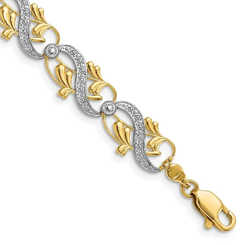 Women’s stacked bracelets-Curata 14k Yellow Gold D C White Dots Connecting Sash and Leaves Two color Bracelet 7.5 Inch