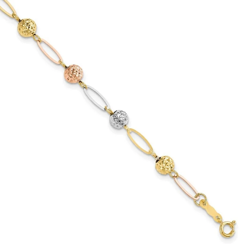 Women’s fashion leather bracelets-Curata 14k Tri color Gold Sparkle Cut Beads Link Bracelet 7 Inch