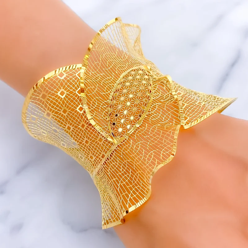 Women’s tropical bracelets-Ornate Filigree 21K Gold Wavy Bangle Bracelet