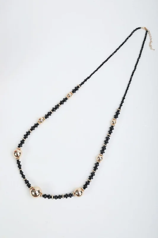 Women’s long necklaces-Black & Gold Beaded Long Necklace