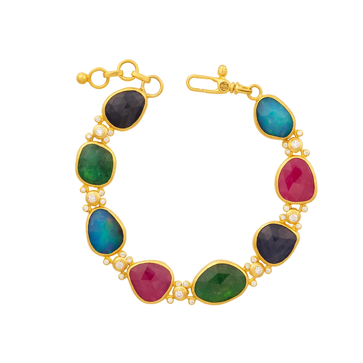 Women’s bangles-Gurhan One-of-a-Kind 24K Yellow Gold Rose Cut Sapphire, Emerald, Ruby, Opal and Round Bezel Set Bracelet with 18K Lobster Clasp