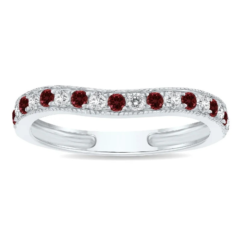 Women’s bridal engagement rings-Garnet and Diamond Channel Set Wedding Band in 10K White Gold