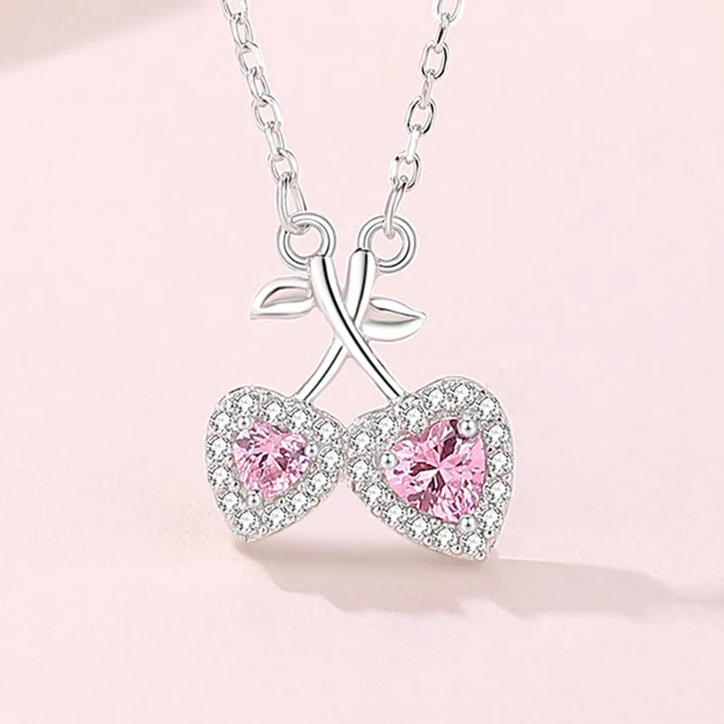 Women’s timeless necklaces-Sterling Silver Inlay Cherry Heart Shape Zircon Pendant Necklace