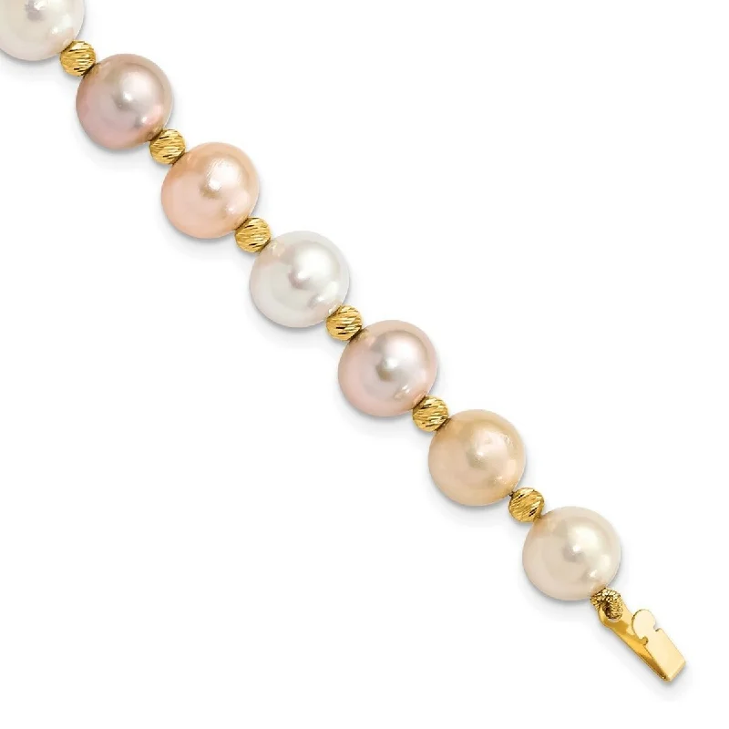 Women’s multi-strand bracelets-Curata 14k Yellow Gold 8 9mm Semi round Pink Purple White Fwc Pearl Sparkle Cut Beaded Bracelet 7.5 Inch