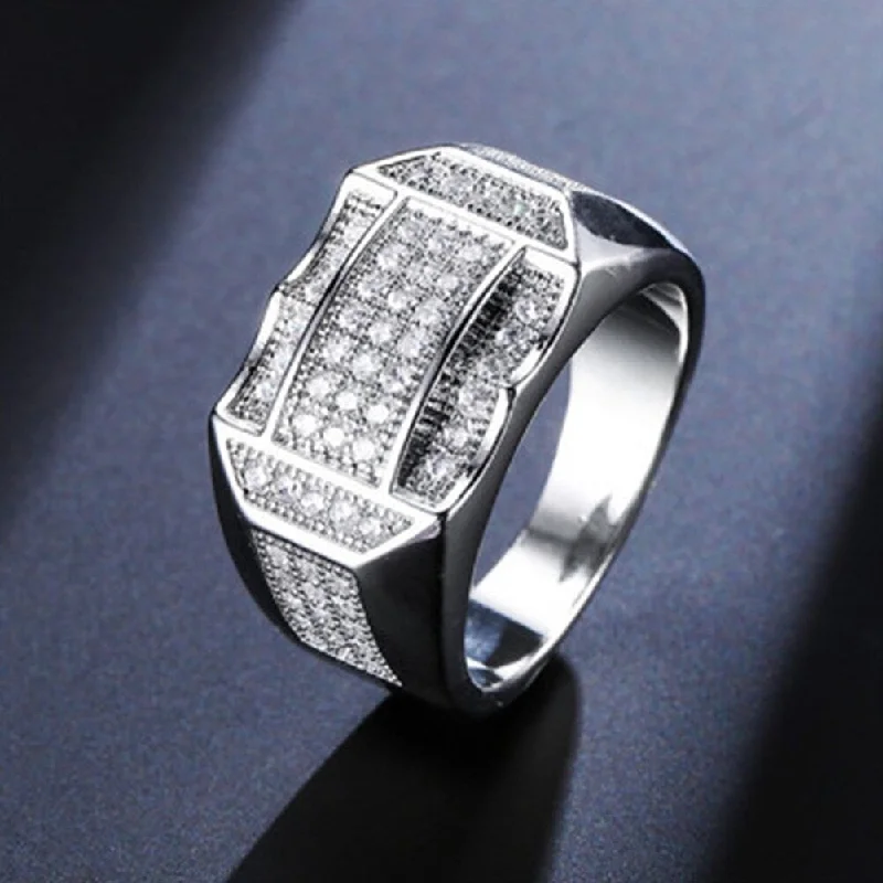 Women’s ethically sourced engagement rings-Fashion Men Rhinestone Inlaid Geometric Finger Ring Wedding Party Jewelry Gift