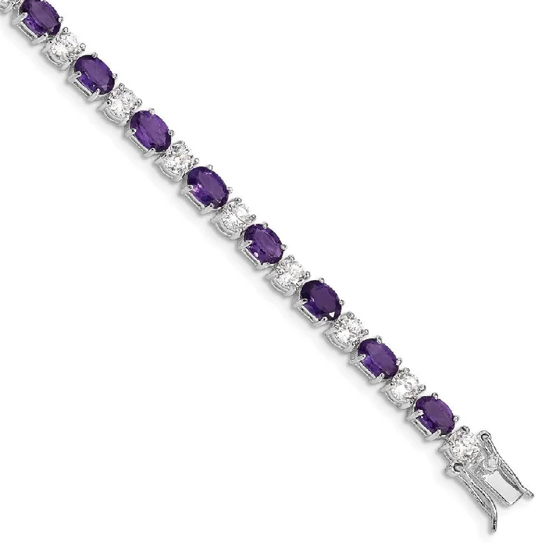 Women’s gemstone bangle bracelets-925 Sterling Silver Rhodium-plated Amethyst & Cubic Zirconia Bracelet, 7"