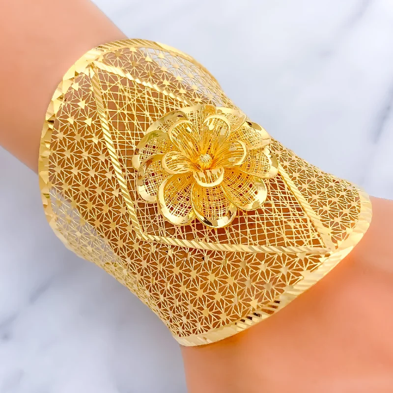 Women’s sparkle bracelets-Captivating Regal 3D Flower 21K Gold Bangle Bracelet