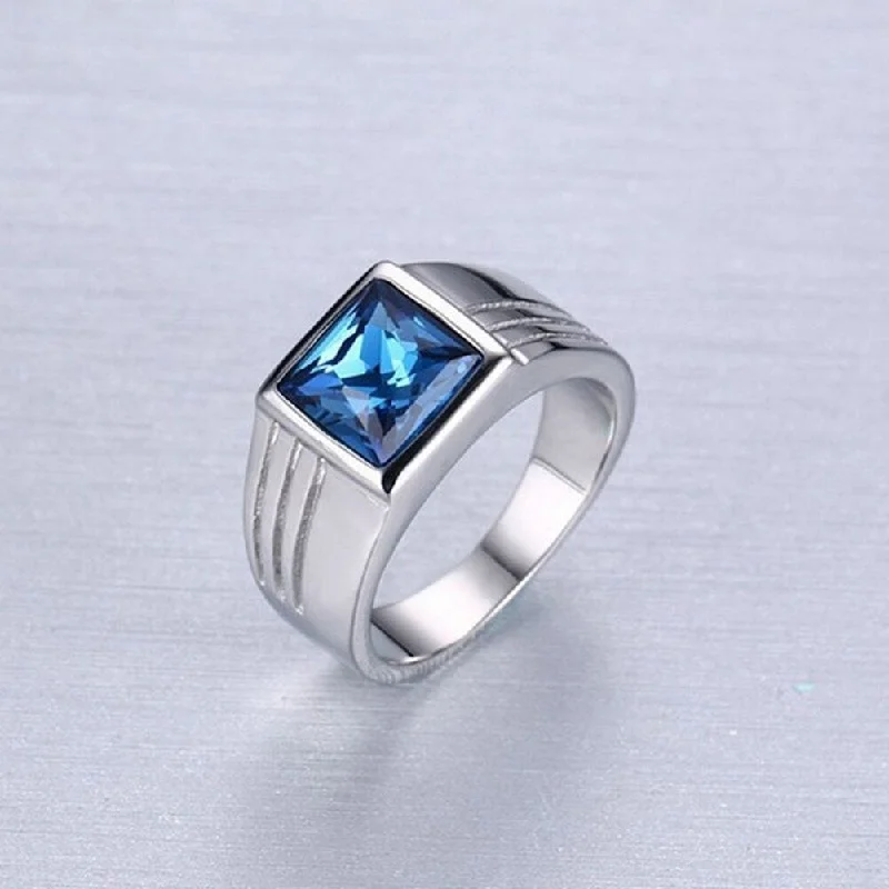 Women’s modern engagement rings-Mens Gorgeous Blue Square Rhinestone Wide Wedding Band Finger Ring Size 711