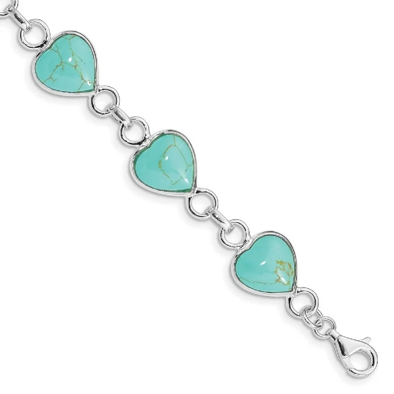 Women’s twisted bangles-Curata 925 Sterling Silver Polished Open back Fancy Lobster Closure Love Heart shaped Created Simulated Turquoise Bracelet 7