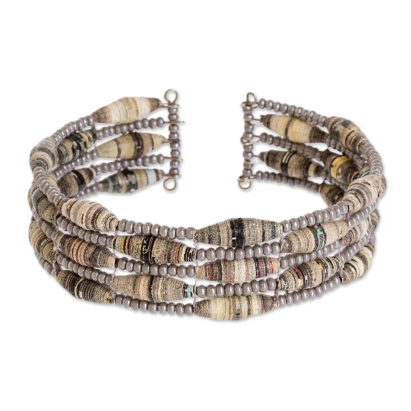 Women’s silver bracelets-Novica Handmade Nature Of Life In Grey Recycled Paper Beaded Cuff Bracelet