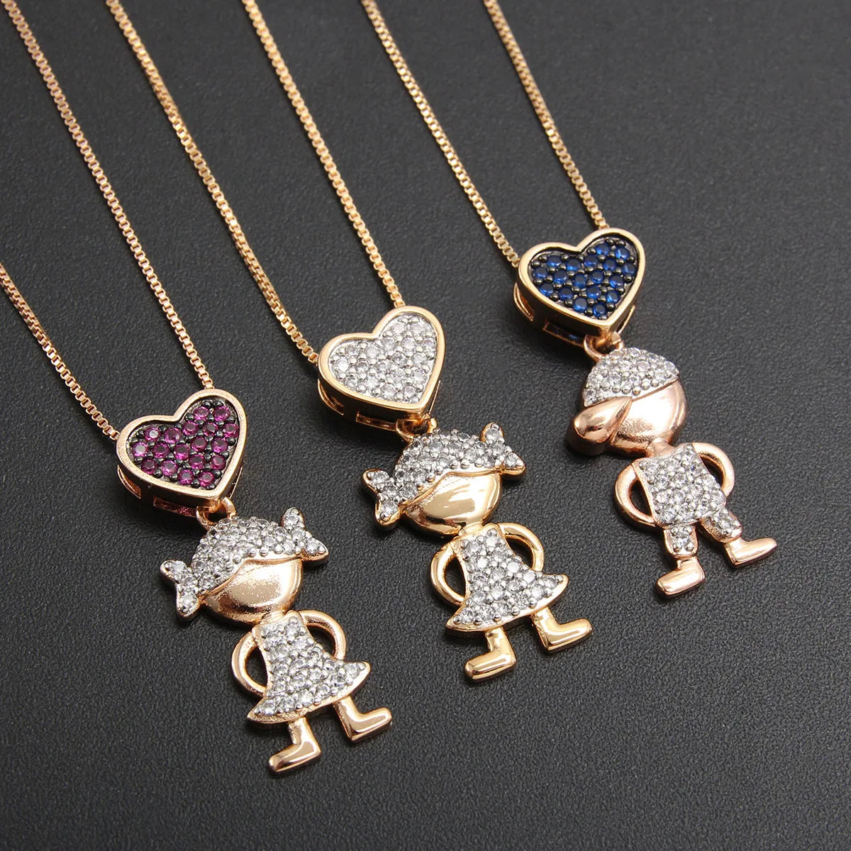 Women’s luxury necklaces-Cute Human Heart Shape Copper Gold Plated Zircon Pendant Necklace In Bulk