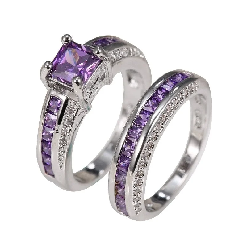 Women’s pave set engagement rings-2Pcs Princess Jewelry Square Faux Amethyst Rhinestone Inlaid Wedding Ring Band