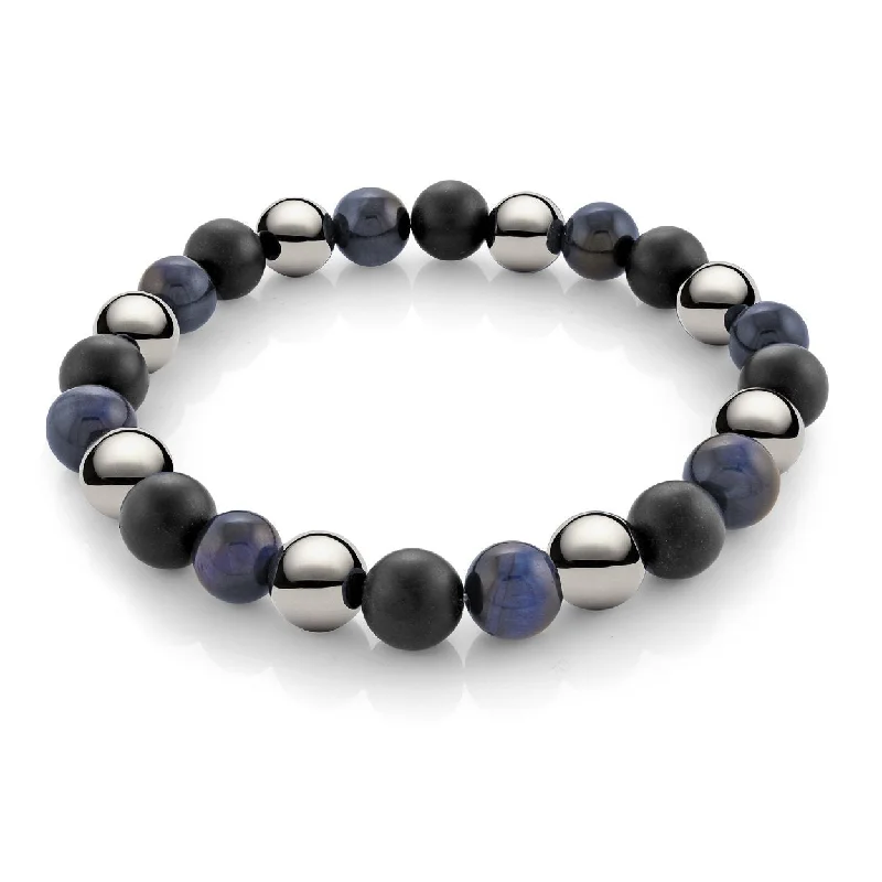 Women’s silver bracelets-ITALGEM STEEL - BLUE TIGER'S EYE, HEMATITE, & BLACK ONYX STRETCH BRACELET