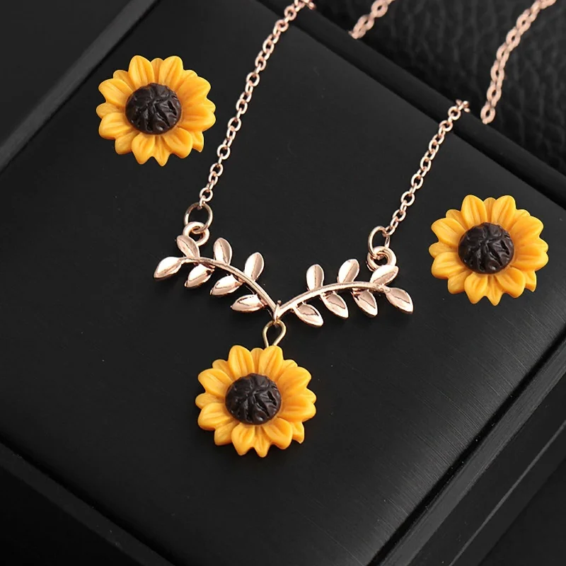 Women’s knot engagement rings-4Pcs/Set Women Jewelry Set Sunflower Shape Vivid Stainless Leaf Decor Women Necklace Ring Jewelry Set For Wedding - no