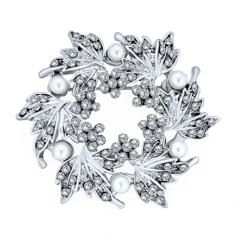 Women’s platinum engagement rings-Elegant Bridal Crystal Pearl Wreath Circle Scarf Brooche Pin for Weddings