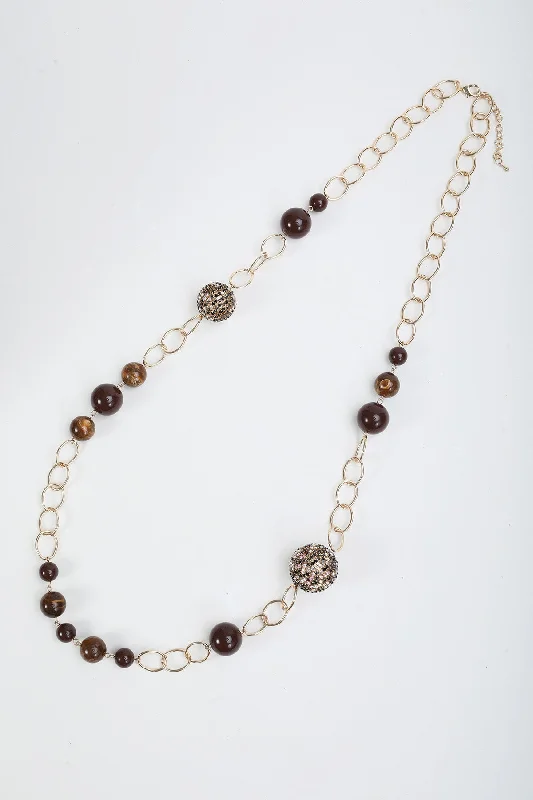 Women’s layered gold necklaces-Bead & Chain Long Necklace in Burgundy