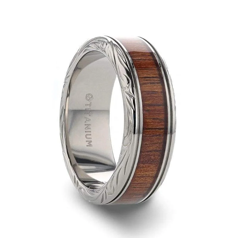 Women’s luxury engagement rings-LAIE Koa Wood Inlaid Titanium Men’s Wedding Ring With Intricate Edges 6mm - 10mm