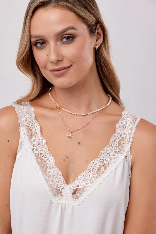 Women’s multi-strand necklaces-Tiny Pearl & Star Layered Necklace