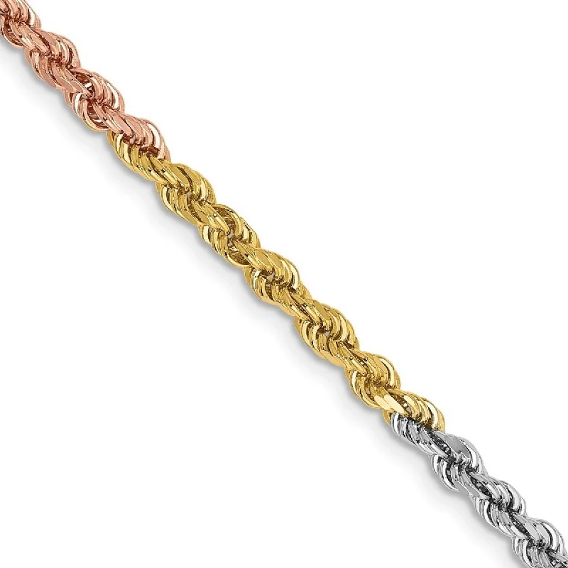 Women’s gold-plated bracelets-Curata 14k Tri Color Solid Gold 2.9mm Sparkle Cut Rope Chain Bracelet Lobster Claw