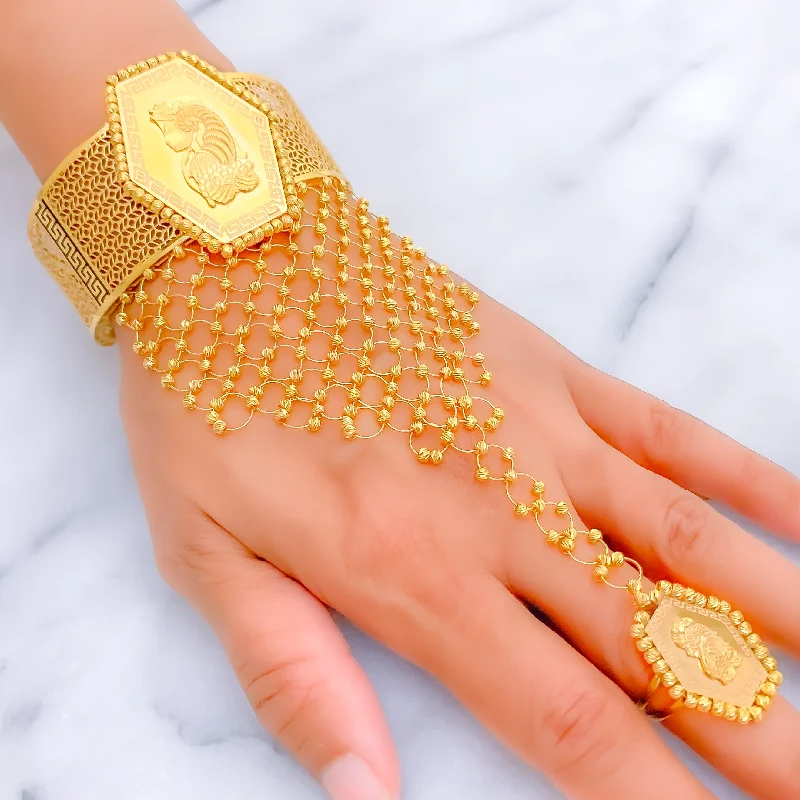 Women’s gemstone tennis bracelets-Sculptural Hexagonal 21K Gold Panchangala Bangle Bracelet