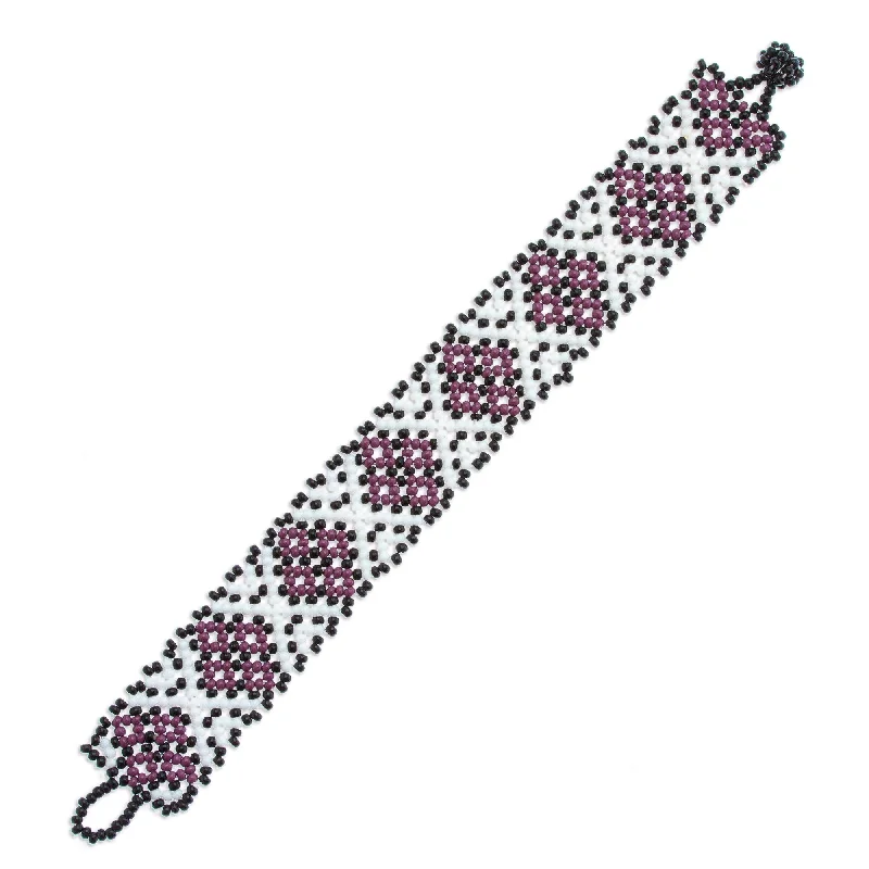 Women’s lucky bracelets-Novica Handmade Peyote Flower In Plum Beaded Wristband Bracelet