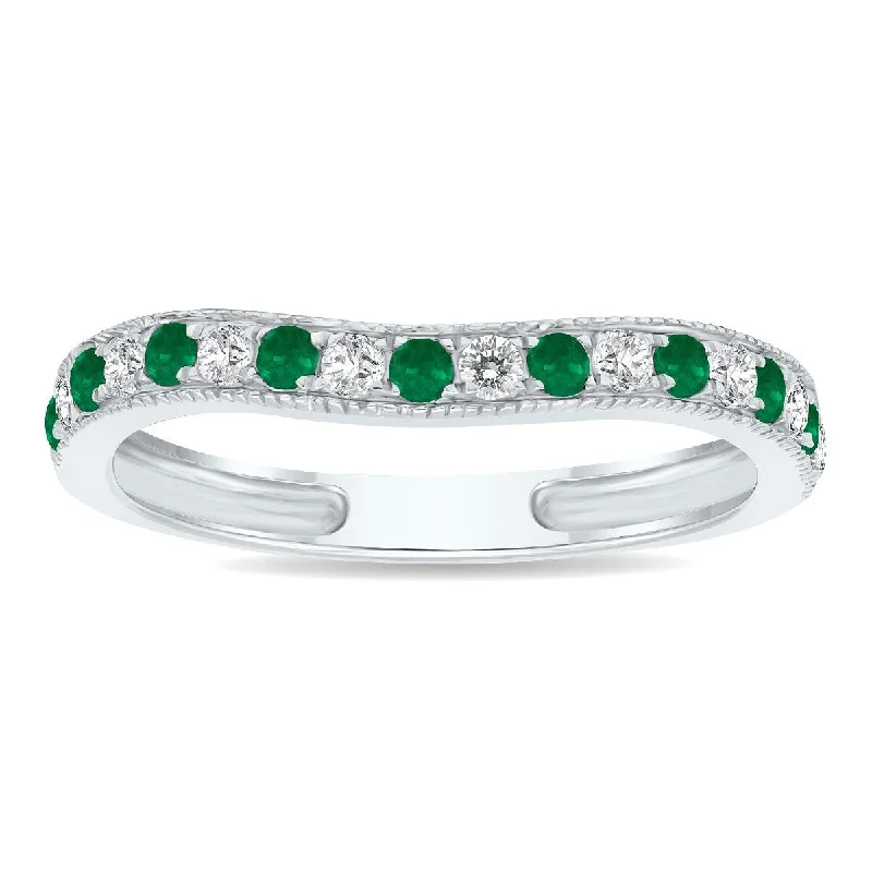 Women’s platinum wedding engagement rings-Emerald and Diamond Channel Set Wedding Band in 10K White Gold