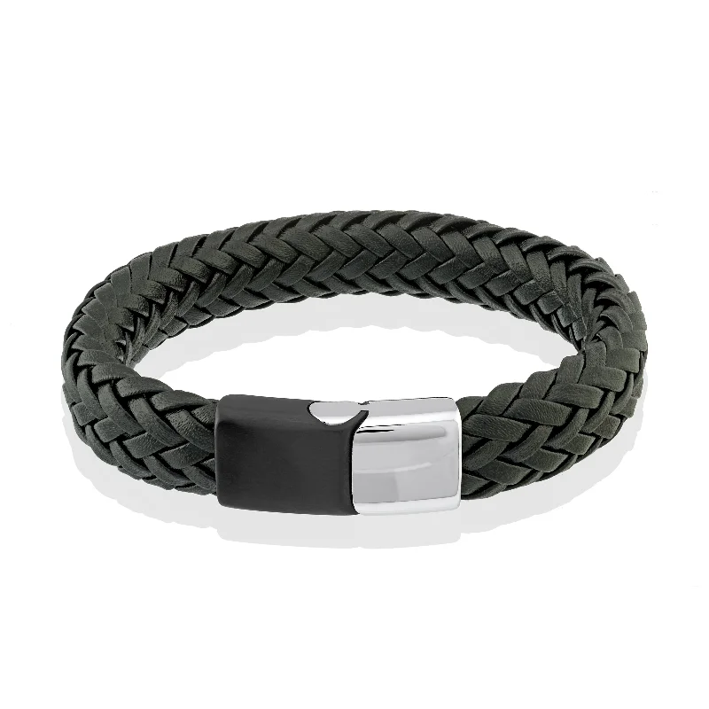 Women’s gemstone tennis bracelets-BLACK LEATHER & STAINLESS STEEL BRACELET