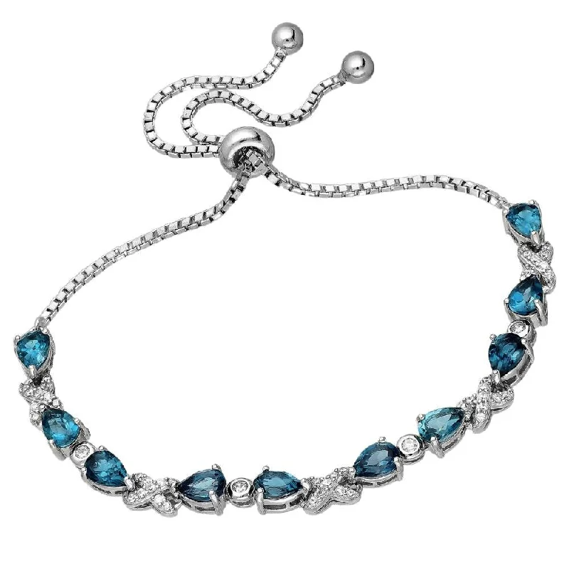 Women’s floral bracelets-Sterling Silver London Blue Topaz & Clear CZ Teardrop Adjustable Bracelet