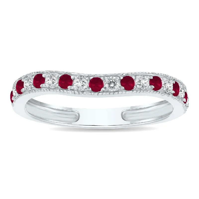 Women’s affordable diamond engagement rings-Ruby and Diamond Channel Set Wedding Band in 10K White Gold