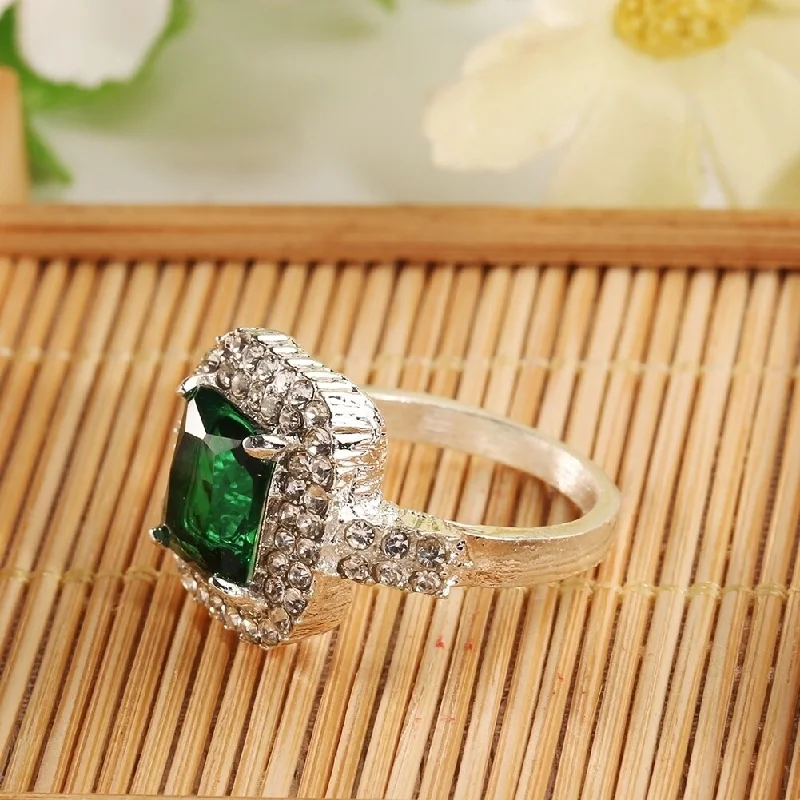 Women’s square halo engagement rings-Womens Green Zircon Silver Plated Ring Fashion Wedding Bague Jewelry Gift