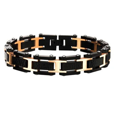 Women’s bangles-Mens Black and Rose Gold Plate Bracelet in Stainless Steel