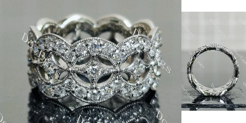 Women’s black diamond engagement rings-April O round hollow pave moissanite/ lab grown diamond wedding band-10mm band width