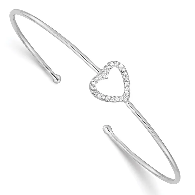 Women’s luxury bangle bracelets-925 Sterling Silver Rhodium-plated Cubic Zirconia Heart Cuff Bangle Bracelet