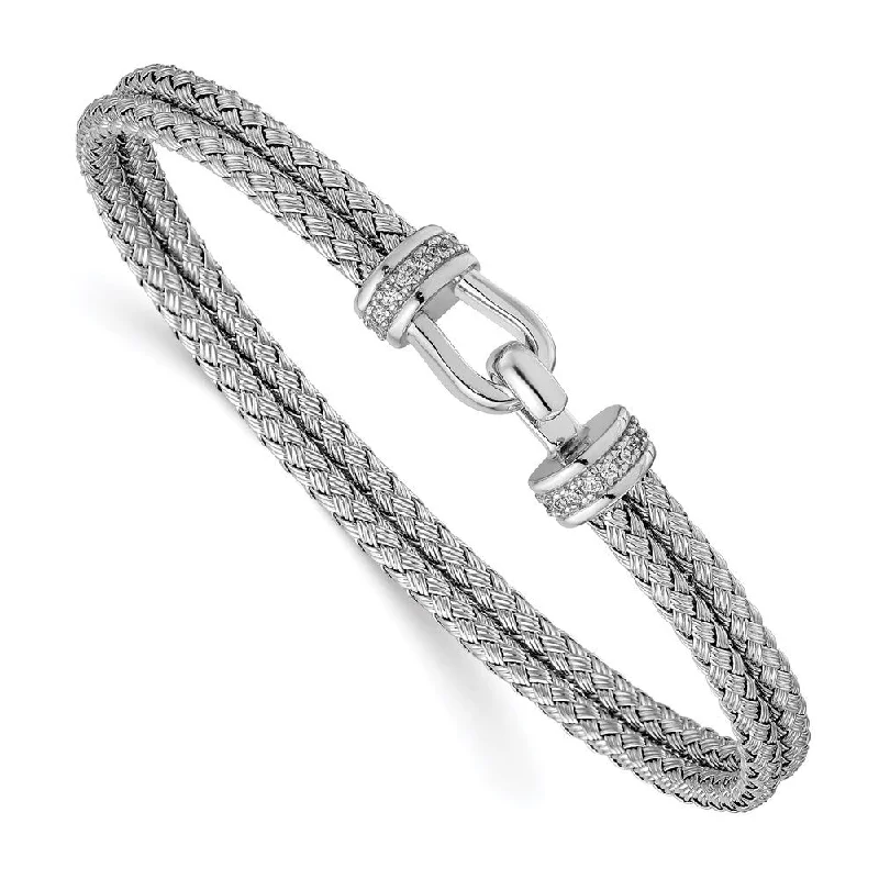 Women’s braided bracelets-925 Sterling Silver Rhodium-plated Cubic Zirconia Double Woven Flexible Cuff Bracelet