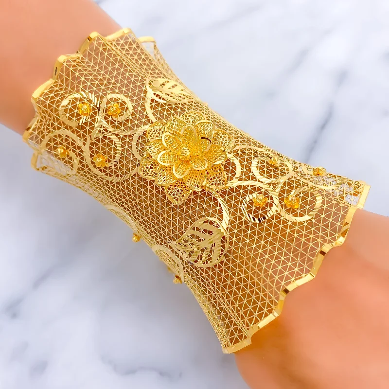 Women’s wide bangle bracelets-Impressive Netted Floral Vine 21K Gold Bangle Bracelet