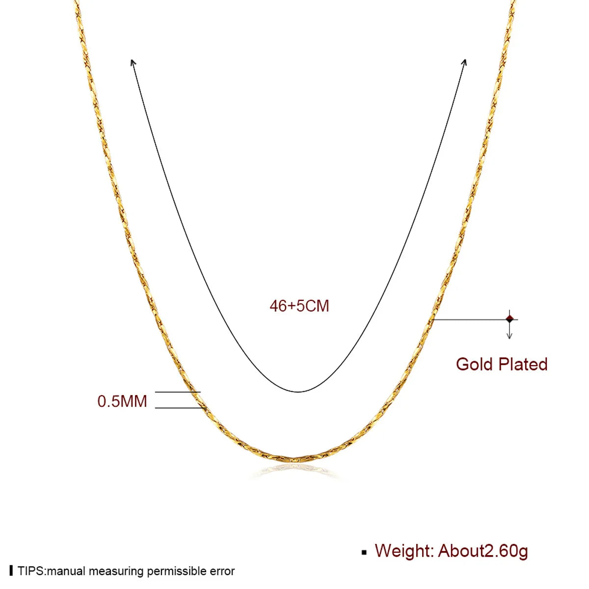 LKN18KRGPC009-0.5mm Gold Hard Thin Chain 45cm + 5cm